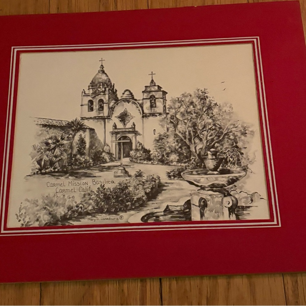 Carmel Mission Basilica, Carmel, CA Print Red Matting by Mary Agnes Landsdowne